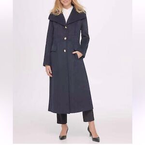 Karl Lagerfeld Paris wool blend military style long coat with pockets navy Med